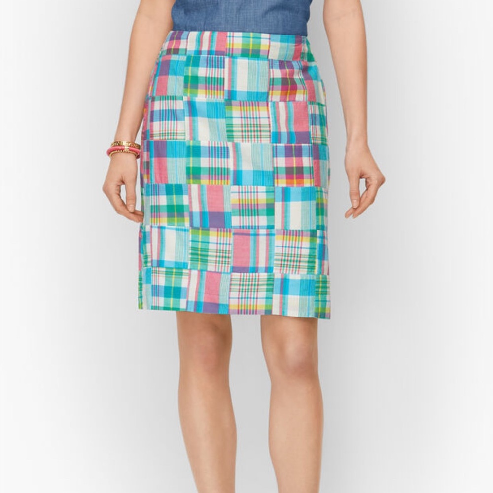 Talbots 100% Cotton Patchwork Plaid Lined A-Line Skirt.  Size 6 Petite
